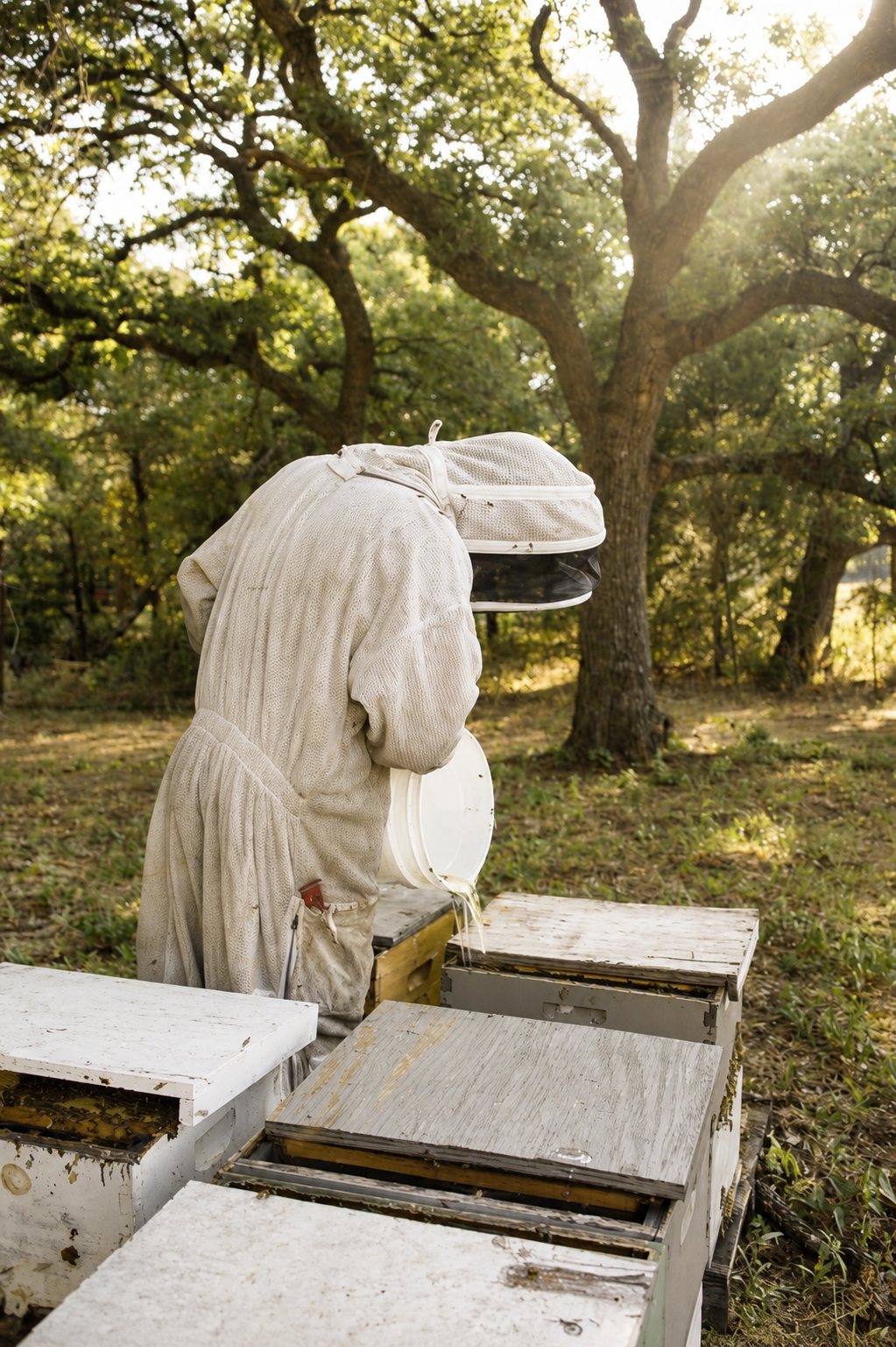 Working hive boxes under the oaks