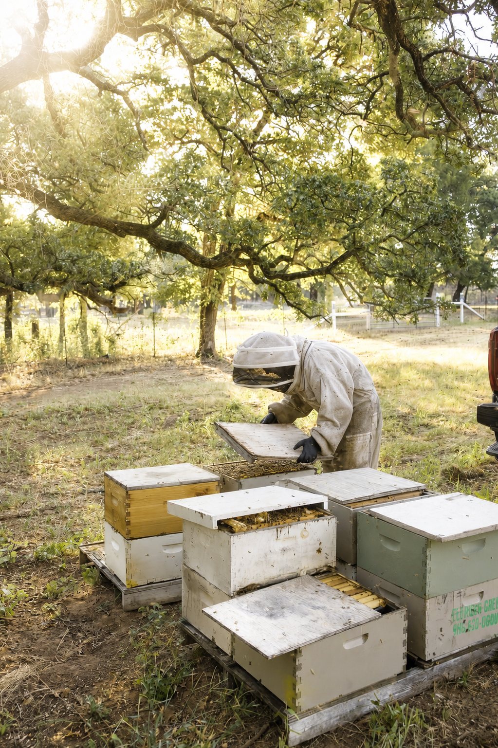 Checking hive lids under an oak