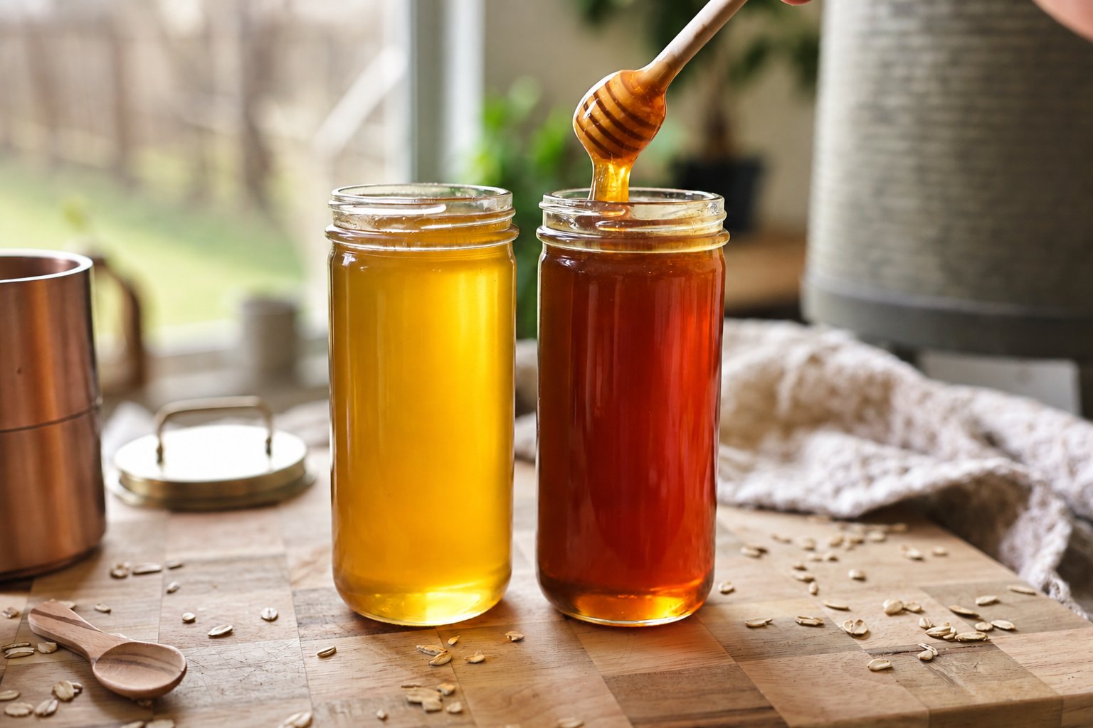 Two jars of honey on a board, a dipper lifting from the darker jar