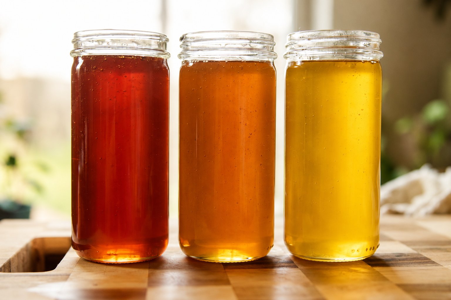 Three jars of honey in graduating ambers